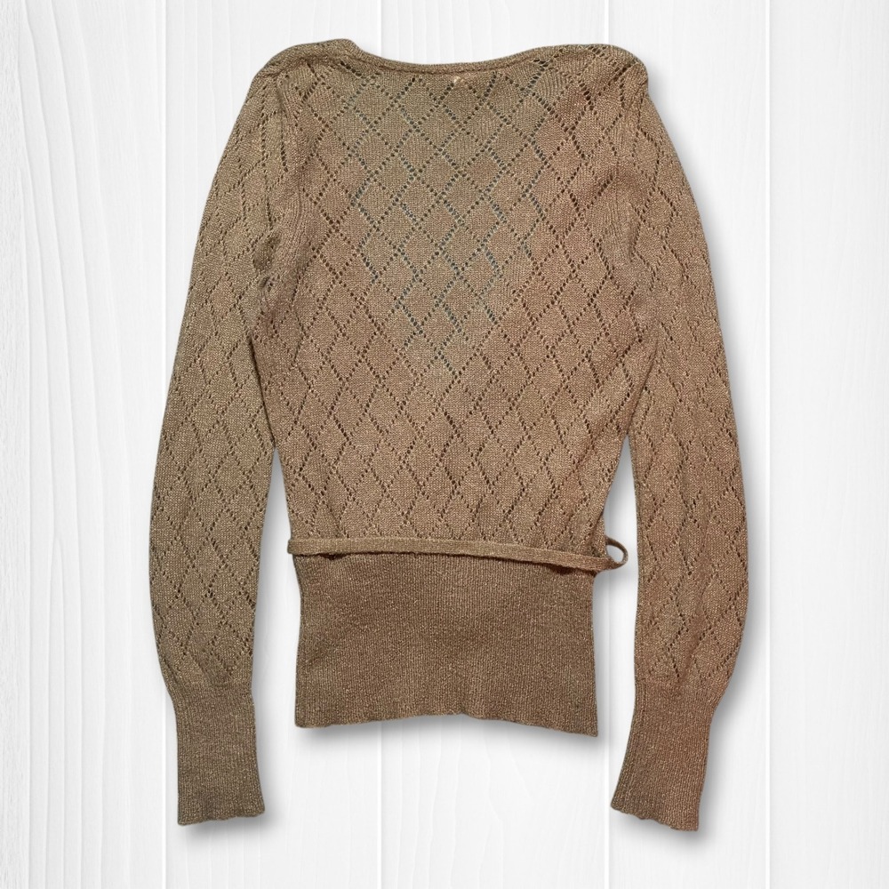 VTG Y2K Gap Pointelle Diamond Knit Ballet Wrap Style Sweater Womens L Brown - Picture 2 of 7